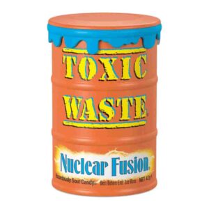 Toxic Waste Nuclear Fusion Sour Candy i farverig trommel, dobbelt smags kombinationer.