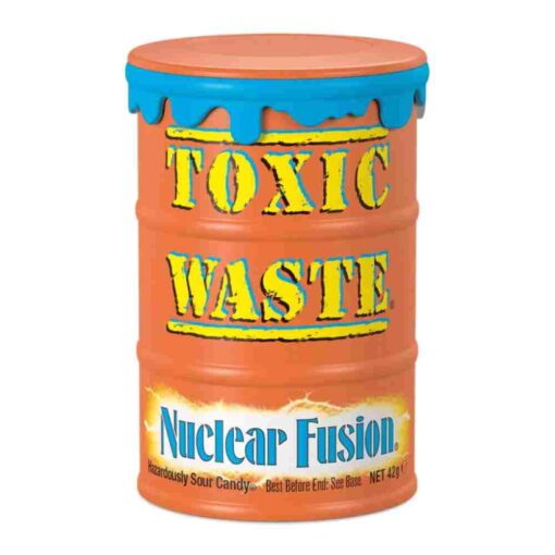 Toxic Waste Nuclear Fusion Sour Candy i farverig trommel, dobbelt smags kombinationer.