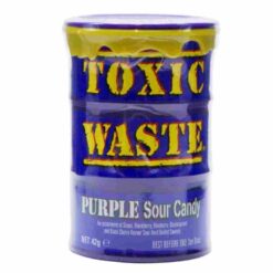 Toxic Waste Purple Sour Candy i lilla trommel, ekstremt syrligt slik.