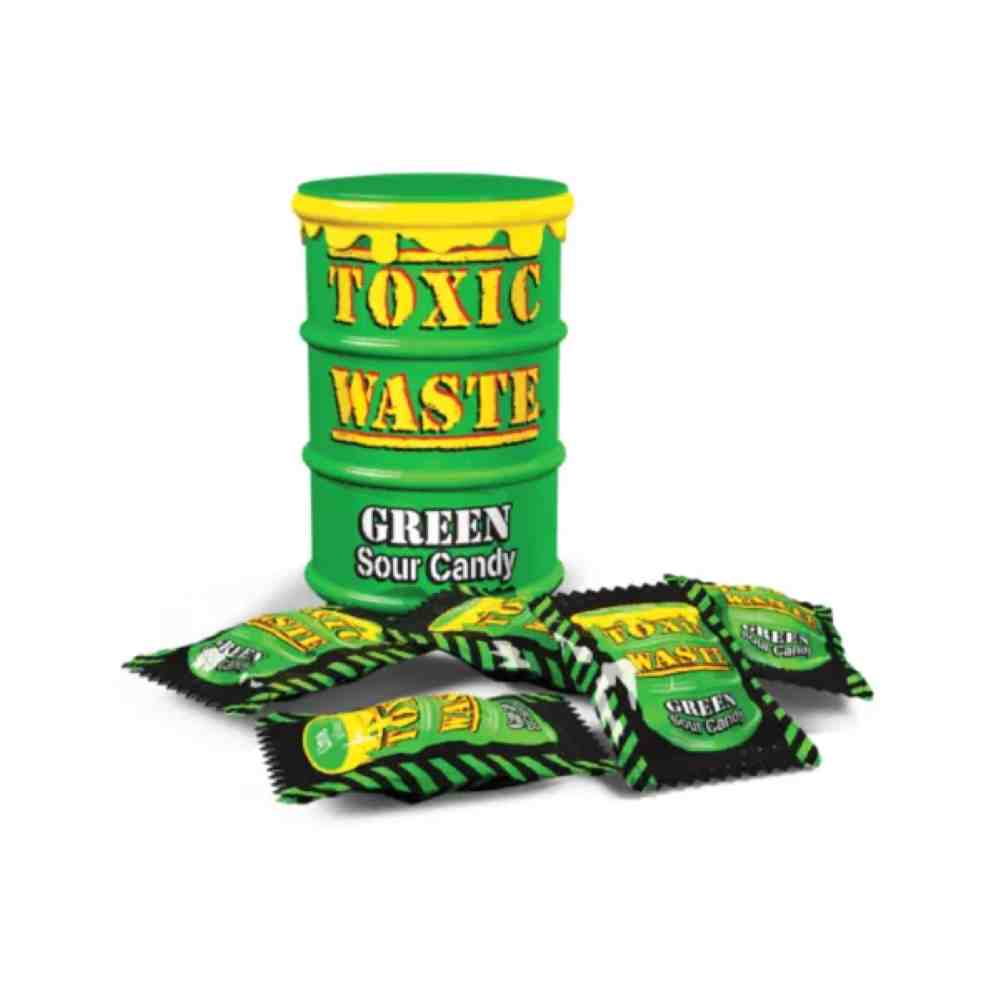 Toxic Waste Green Drum Sour Candy i en grøn tønde, pakket med ekstremt syrlige slikstykker